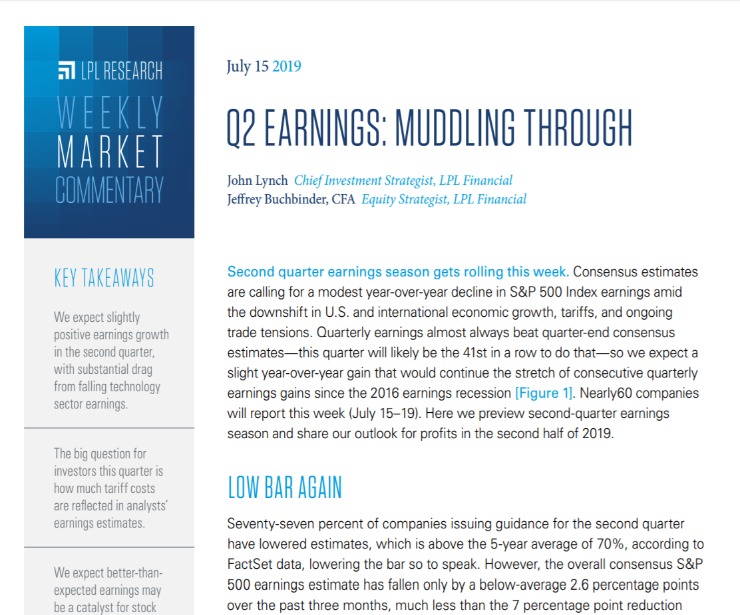 Q2 Earnings: Muddling Through | Weekly Market Commentary | July 15, 2019