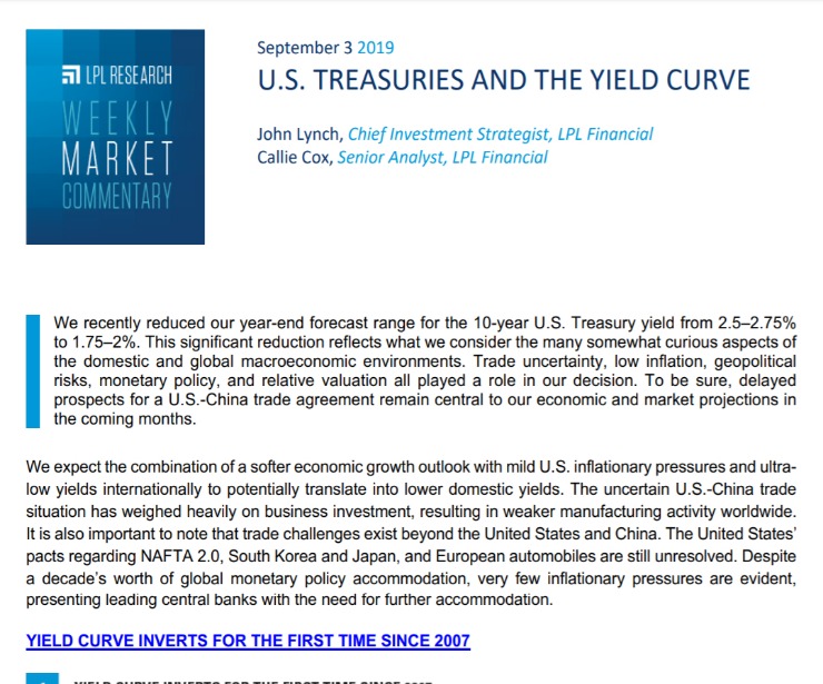 U.S. Treasuries and the Yield Curve | Weekly Market Commentary | September 3, 2019